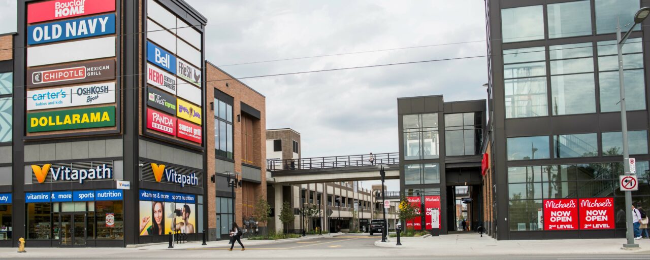 Stores at the Stockyards and view of walking bridge